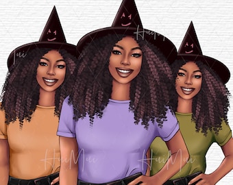 Clipart strega afroamericana Strega nera per uso commerciale Cute Halloween Clipart Spooky Sublimation Graphics Personaggio strega per Halloween