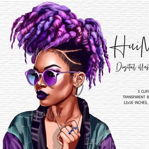 May include: Digital illustration of a woman with purple and pink hair wearing sunglasses and a plaid shirt. The image is titled "HuiMui Digital Illustration".
