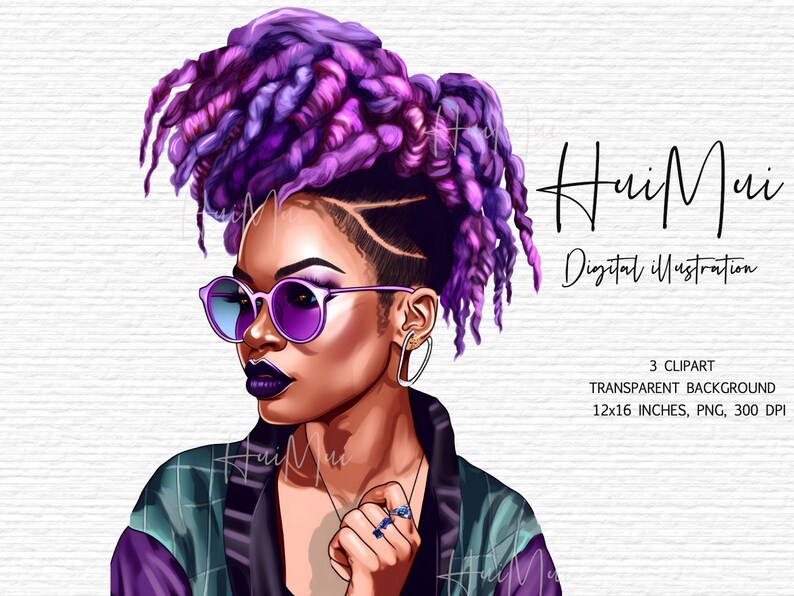 May include: Digital illustration of a woman with purple and pink hair wearing sunglasses and a plaid shirt. The image is titled "HuiMui Digital Illustration".