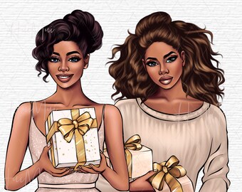 Pacchetto ragazze di Natale Clipart Donne nere con regalo di Natale Illustrazione PNG dell'acquerello per carte Decor Craft Scrapbooking Planner ragazza