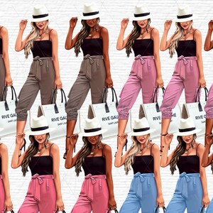 May include: Nine illustrations of women wearing different outfits and carrying shopping bags. The women are wearing white hats, black tank tops, and trousers in various colours, including brown, pink, and blue. The shopping bags are white with black text that reads "Rive Gauche Saint Laurent".