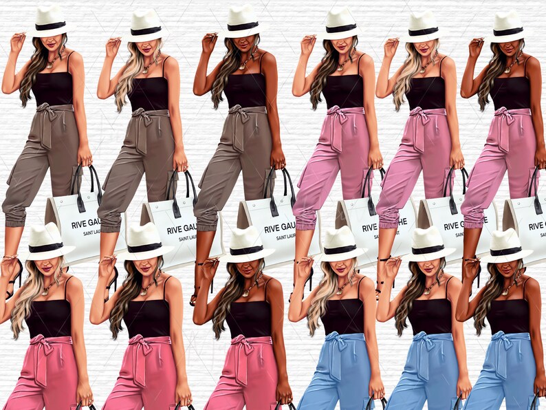 May include: Nine illustrations of women wearing different outfits and carrying shopping bags. The women are wearing white hats, black tank tops, and trousers in various colours, including brown, pink, and blue. The shopping bags are white with black text that reads "Rive Gauche Saint Laurent".