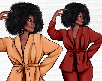 Zwart Meisje Boss Clipart, Curvy Girl Clipart, Afro-Amerikaanse Mode Plus Size Clipart, Zwarte Vrouw Clipart, Fashion Planner Clipart