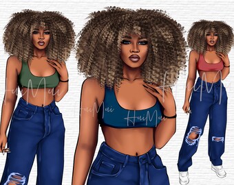 Black Woman Clipart, Fashion Clipart Girl, Denim Girl Clipart, Black Girl Clipart, Curvy Girl Clipart, Hair Clipart, Planner Girl Clipart