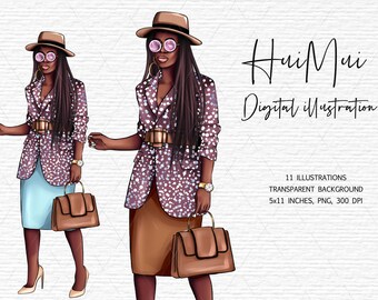 African American Clip Art, Black Girl Magic, Fashion clipart, Cute Afro woman, scrapbook digital planning supplies, planner sticker kit