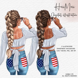 May include: Two digital illustrations of women with long braided hair wearing white crop tops and blue jeans with an American flag design on the back pockets. The women are wearing sunglasses and looking over their shoulders.