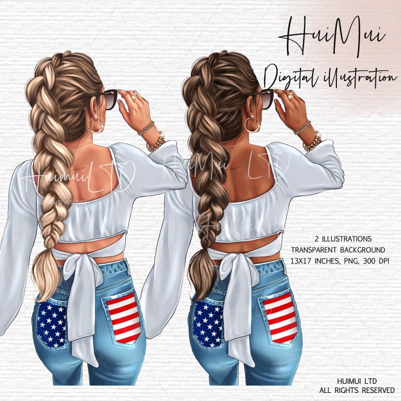 May include: Two digital illustrations of women with long braided hair wearing white crop tops and blue jeans with an American flag design on the back pockets. The women are wearing sunglasses and looking over their shoulders.