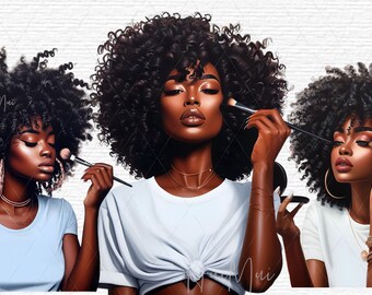 Clipart truccatore Clipart di bellezza Trucco Ragazza Design di sublimazione Clipart del salone di trucco Download digitale del salone di bellezza Cosmetico ragazza nera