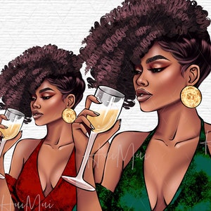Oudejaarsavond clipart Afro-Amerikaanse vrouw viert champagneglas Nieuwjaarsviering Zwart meisje Party clipart PNG illustratie