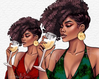 Clipart di Capodanno donna afroamericana che celebra il bicchiere di champagne Celebrazione di Capodanno Ragazza nera Party Clipart Illustrazione PNG