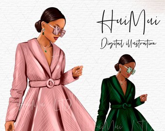 Digital illustration, Fashion Clipart for planner stickers  in blue pink green blush, Woman with sunglasses, scrapbooking PNG file