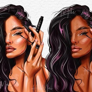 May include: A woman with long black hair with pink highlights applies mascara to her eyelashes. She is holding a black mascara wand labeled "BARE" in her right hand.
