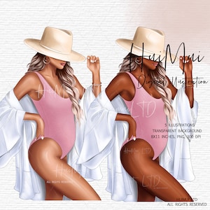May include: Digital illustration featuring two figures in pink swimsuits, white cover-ups, and beige hats. The image includes text: "5 Illustrations, Transparent Background, 8x11 inches, PNG, 300 DPI". The illustration is by Huimui LTD.