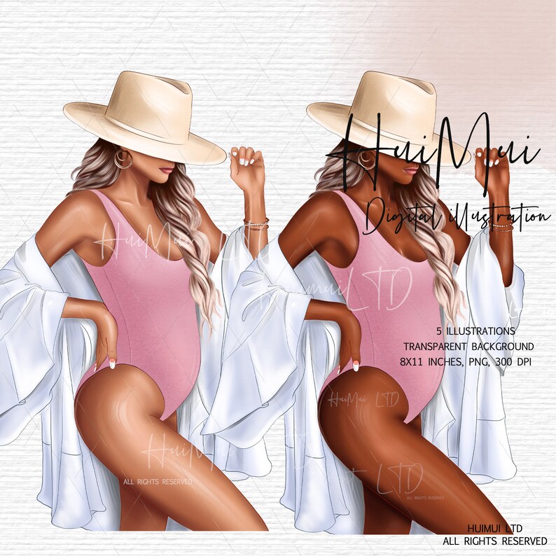 May include: Digital illustration featuring two figures in pink swimsuits, white cover-ups, and beige hats. The image includes text: "5 Illustrations, Transparent Background, 8x11 inches, PNG, 300 DPI". The illustration is by Huimui LTD.
