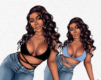Etnische diversiteit Afro-Amerikaanse zomer clipart zwarte vrouw strandkleding mode levendige illustratie DIY ambachten digitale kunst Instant Download