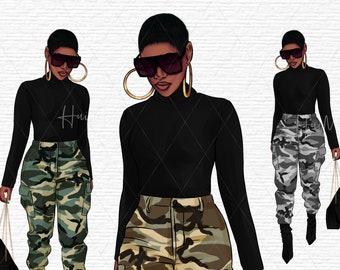 Afro girls clipart Black woman clipart Black Street fashion girl Casual girl clipart Fashion illustration Short hair PNG Cricut Silhouette