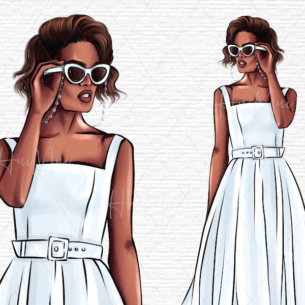 Girl with long white dress Clipart Woman with sunglasses and evening prom outfit digital download Summer fashion girl  illustration PNG