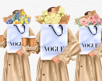 Könnte beinhalten: Drei Frauen in beigen Trenchcoats halten weiße Einkaufstaschen mit dem Wort "VOGUE" darauf. Jede Frau hält einen Blumenstrauß und ein Tablett mit zwei Tassen Kaffee.