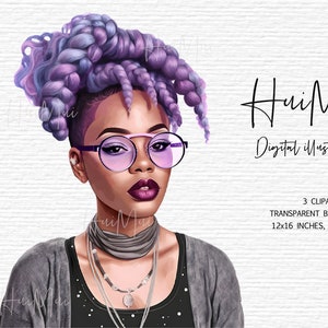 May include: Digital illustration of a woman with purple and blue braided hair, wearing round glasses, a grey sweater, and multiple necklaces. The background is white.