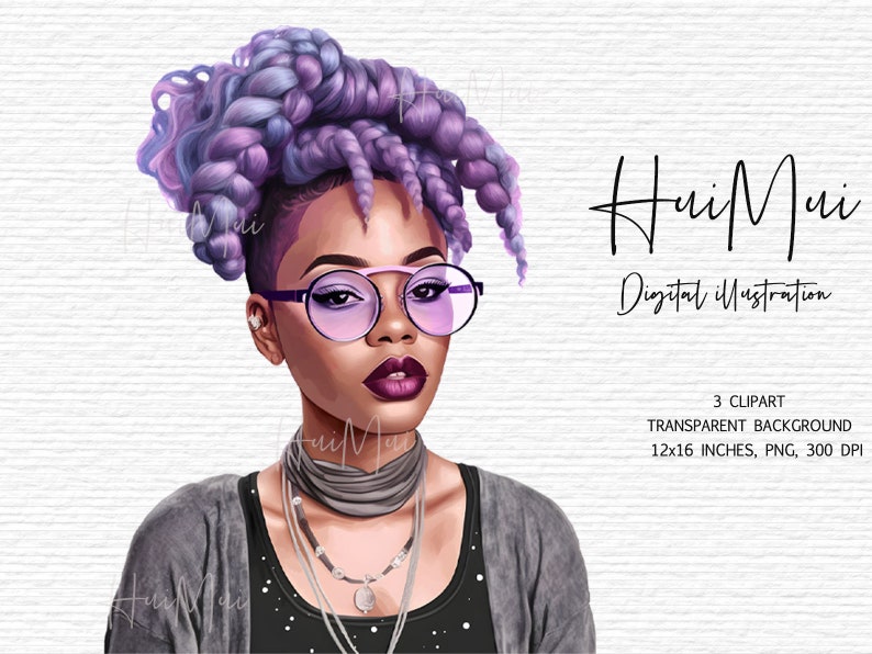 May include: Digital illustration of a woman with purple and blue braided hair, wearing round glasses, a grey sweater, and multiple necklaces. The background is white.