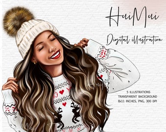 Clip art della ragazza di moda di Natale, Clipart della ragazza di Planner Elementi di Natale, Clipart invernale PNG, Clipart invernale accogliente afroamericana