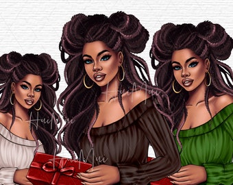 Eleganti ragazze di Natale Clipart Donne nere Regalo festivo Acquerello PNG Illustrazioni per decorazioni natalizie Cartoline Arfican American PNG