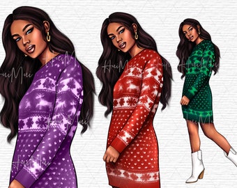 Clip art della ragazza di moda di Natale, scena di Natale, clip art della ragazza del pianificatore, clipart invernale PNG, illustrazione PNG della ragazza glam