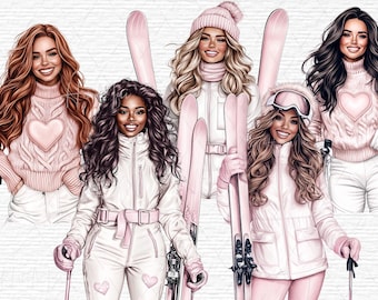 Clipart di ragazze sciatrici ad acquerello Illustrazioni digitali di moda invernale Clipart di acquerelli eleganti e accoglienti Sci rosa cipria Sport invernali Donna PNG