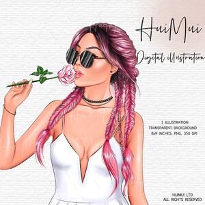 Girl with Flowers Clipart, pink Rose PNG, Woman Women, Girl Clipart, Summer illustration, Boho Planner Girl Pink Hair downloadable PNG file