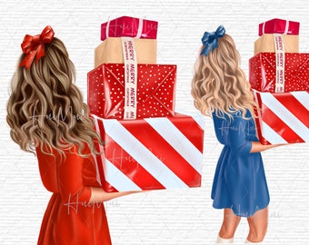 Christmas Girl Clipart Girl carrying christmas presents Winter watercolor clipart Cute Xmas girl PNG Christmas Clipart Xmas girl with gifts