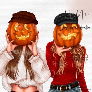 May include: Two women wearing fall fashion hold jack-o'-lantern pumpkins in front of their faces. The pumpkins have glowing eyes and a toothy grin. The women are wearing hats, sweaters, and jeans.