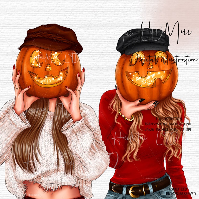 May include: Two women wearing fall fashion hold jack-o'-lantern pumpkins in front of their faces. The pumpkins have glowing eyes and a toothy grin. The women are wearing hats, sweaters, and jeans.