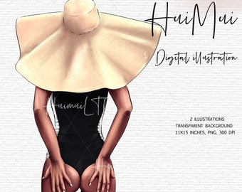 Beach clipart, AFRICAN AMERICAN clipart, Afro girl, Summer clipart, girl with hat, vacation holiday digital illustration, procreate PNG file