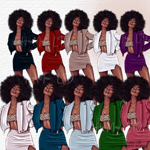 May include: Ten digital illustrations of women with afro hairstyles wearing different colored cropped jackets and skirts. Each woman is wearing a black and white patterned crop top.
