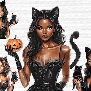 Afro American Witchy Vibes mit Kürbissen und Katzen Schwarze Katze Halloween Digital Art Set Afro Frau im Katzenkostüm Clipart Sexy Kostümkunst