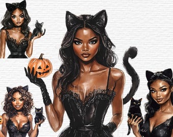 Vibrazioni da strega afroamericana con zucche e gatti Set di arte digitale di Halloween con gatto nero Donna afro in costume da gatto Clipart Arte in costume sexy
