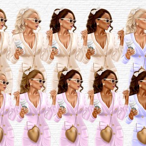 Pode incluir: Dez ilustra&ccedil;&otilde;es digitais de mulheres vestindo roupas de diferentes cores. Cada mulher est&aacute; segurando uma x&iacute;cara de caf&eacute; e tem uma bolsa no ombro. Todas as mulheres est&atilde;o usando &oacute;culos de sol e t&ecirc;m penteados diferentes.
