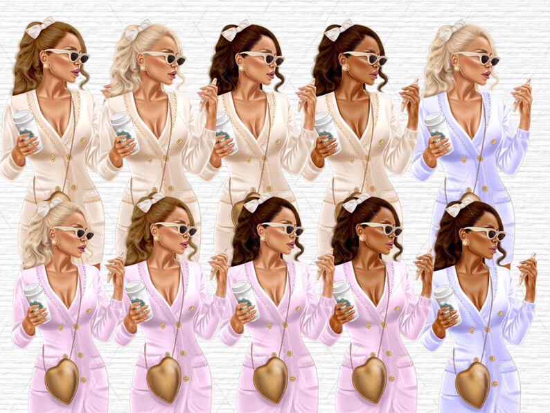 Pode incluir: Dez ilustra&ccedil;&otilde;es digitais de mulheres vestindo roupas de diferentes cores. Cada mulher est&aacute; segurando uma x&iacute;cara de caf&eacute; e tem uma bolsa no ombro. Todas as mulheres est&atilde;o usando &oacute;culos de sol e t&ecirc;m penteados diferentes.