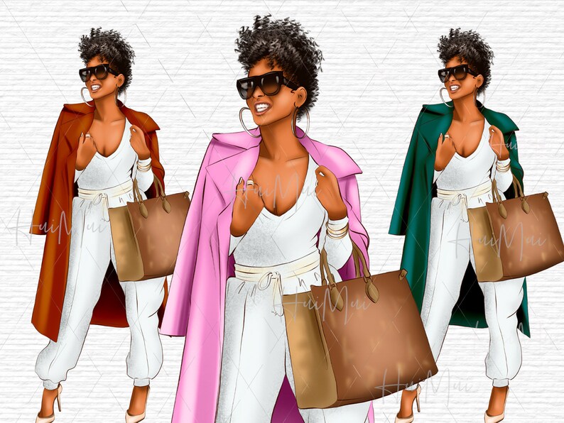 May include: Three illustrations of a woman with short curly hair wearing a white outfit, sunglasses, and a coat. The coats are different colors: red, pink, and green. Each woman is carrying two handbags.