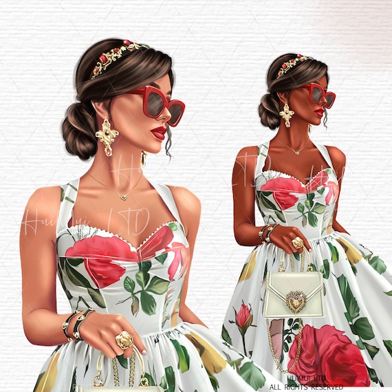 Fashion Glam Girl Clipart Floral dress with red roses planner stickers supplies Girl Boss Planner PNG Fashionista Woman Blogger Babe