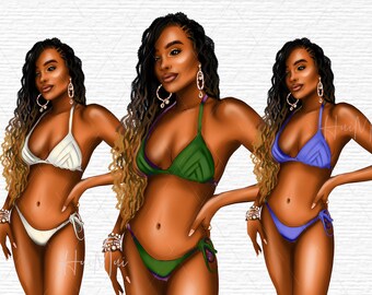Summer fashion girls clipart, summer girls clipart, summer vibes fashion girl clipart, African American, Beach clipart, Summer, swim suit