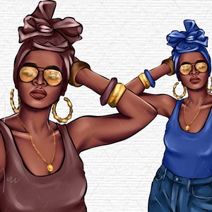 Peut inclure: Illustration de deux femmes portant des lunettes de soleil, des foulards et des bijoux en or. L'une porte un débardeur marron et l'autre un débardeur bleu et un jean. Les deux ont des créoles et des bracelets dorés.