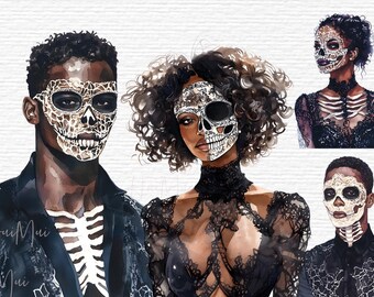 Clipart del volto del teschio gotico, elegante maschera scheletro, set di arte digitale, uomini afroamericani, donne in pizzo, costumi di Halloween, uomini neri, clipart PNG