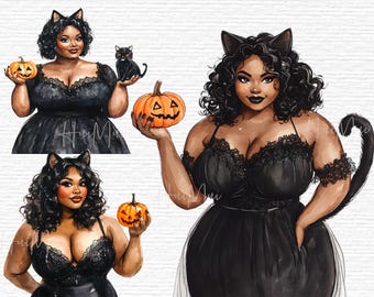 Donna afro formosa in costume da gatto nero per Halloween Arte digitale Clipart afroamericana di grandi dimensioni con zucche e gatti Halloween afrocentrico