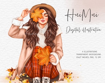 Fall clipart, Autumn, Fashion girl clipart, Fashion illustration, Orange Yellow Fall leaves, pumpkins, fashion clipart PNG