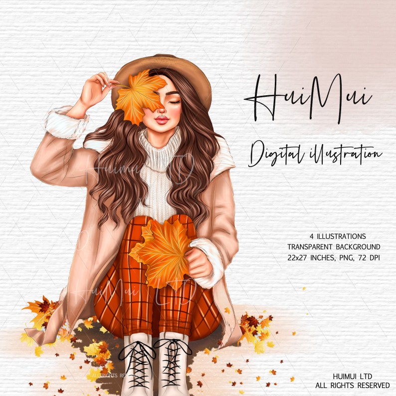 K&ouml;nnte beinhalten: Digitale Illustration einer Frau mit langen braunen Haaren, die einen beigefarbenen Mantel, einen wei&szlig;en Pullover, eine rot-schwarze karierte Hose und einen braunen Hut tr&auml;gt. Sie h&auml;lt ein gro&szlig;es orangefarbenes Blatt in der Hand und ein kleineres orangefarbenes Blatt bedeckt ihr Auge. Der Hintergrund ist eine wei&szlig;e, strukturierte Oberfl&auml;che mit verstreuten orangefarbenen Bl&auml;ttern.