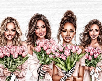 Ragazza acquerello con bouquet di tulipani Clipart digitale floreale romantico per matrimonio primaverile Blush clip art digitale floreale rosa design elegante PNG