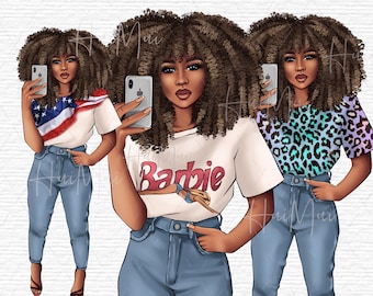 Curly hair woman clipart, Dark skin woman PNG, Melanin Popping Black Girl Magic, African American, digital download, art, fashion clipart