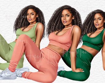 Sport girl clipart Gym Casual African American clipart Afro girls Fashion illustration Digital Planner Stickers
