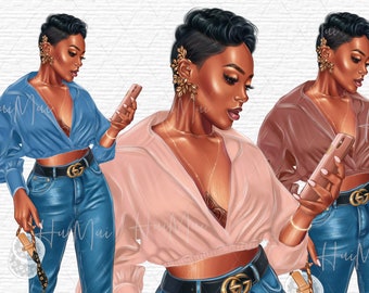 Diva clipart Planner Fashion girl clipart Black woman dreadlocks Beauty clipart short hair denim clipart Jeans clipart